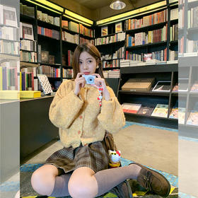 <曾小咸推荐>秋冬软糯黄色开衫格子短裙