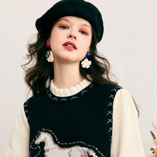 两三事梵高文艺 驭梦云端 2024冬季新款油画图案拼色假两件连衣裙 商品图1