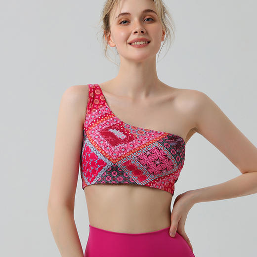 【126元任选2件】跃牌【漫西】系列 印花背心时尚斜单肩瑜伽服女带胸垫运动文胸健身内衣Y220 商品图1