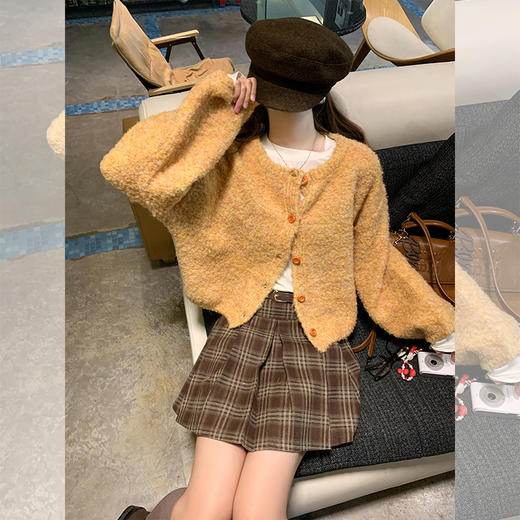 <曾小咸推荐>秋冬软糯黄色开衫格子短裙 商品图3