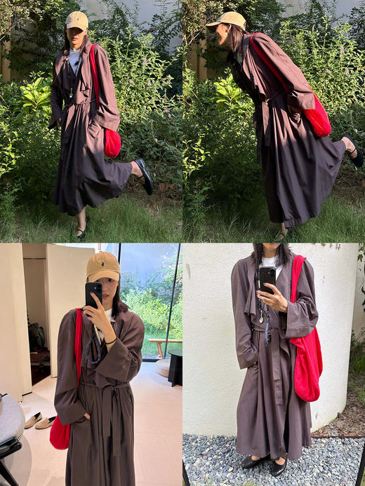 HIDEMI 极简设计感堆叠门襟可拆卸腰包多穿式宽肩廓形长款风衣 赭石红/雾霾蓝灰 商品图2