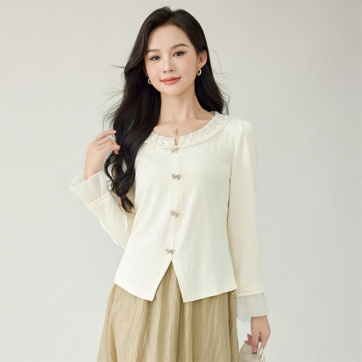 奢姿2025年春季新款大码女装减龄钉珠上衣胖妹妹拼接开衩针织衫5543262127 商品图0