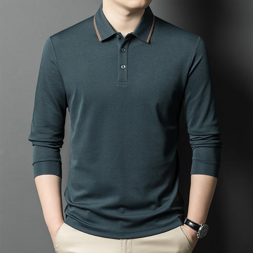 【含桑蚕丝】圣得西翻领POLO衫2025秋季棉感舒适撞色领长袖T恤男 商品图1