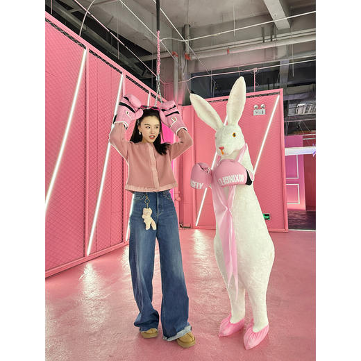 DUO智仙生玫瑰粉和经典黑白针织拼接缎面织带小香风羊毛开衫 商品图1