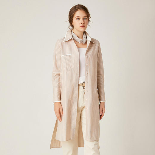 famecoco范可儿条纹衬衫女士宽松韩版百搭中长款F195BA007 商品图0