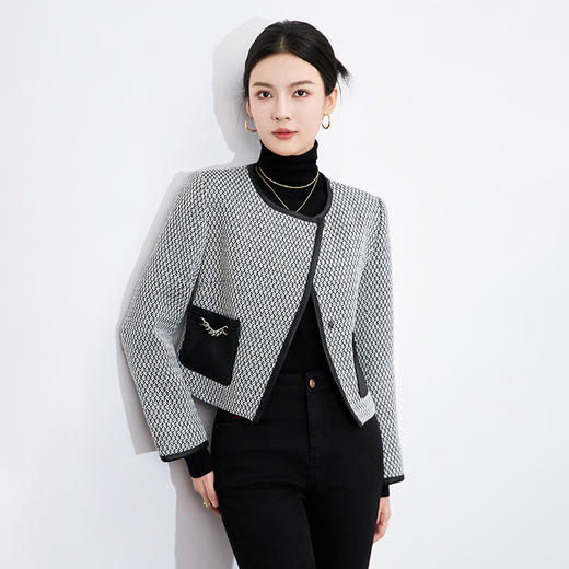 【高货wl】全新升级【铂金会员367/天猫489/差价122】(81806) 洛诗琳时尚复古不规则链条外套高级感满满撞色短外套女 商品图0