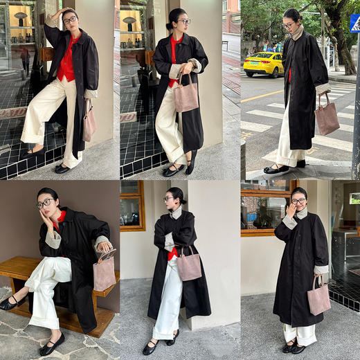 HIDEMI【吴千语同款】极简廓形设计感复古宽肩格纹拼接卷边式长款风衣 黑色/卡其色 商品图3