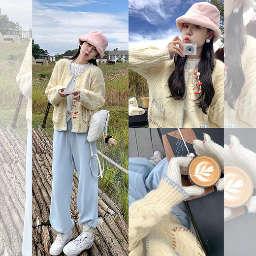 <曾小咸推荐>法式慵懒米杏色系扣圆领毛衣 商品图2