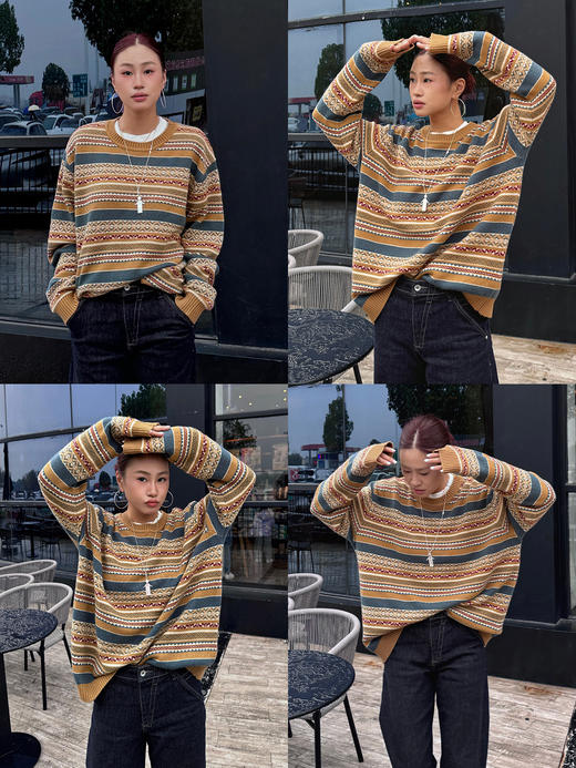 HIDEMI 【赵丽颖同款】进口澳洲美利奴羊毛手绘花型设计感极简圆领廓形落肩款长袖针织毛织毛衣 卡其色/蓝灰色/灰紫色 商品图1