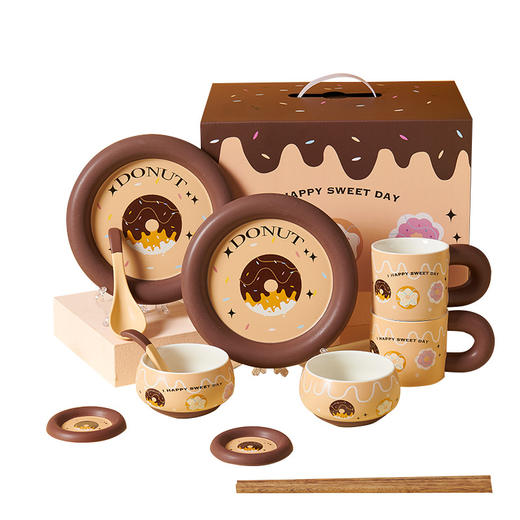 【甜甜圈礼盒餐具】可爱餐具碗盘套装1-2人食伴手礼送礼碗碟杯子勺子套装 商品图0