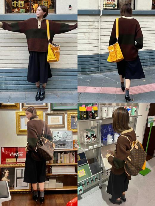 HIDEMI 进口澳洲美利奴羊毛趣味手绘拼色加厚款廓形松弛感亨利领大毛衣 蓝灰色\棕绿色 商品图2