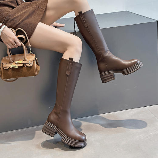 经典鲨2024年冬款百搭圆头中跟后拉链舒适显瘦加绒保暖时装长筒靴女KW279-D58351 商品图1