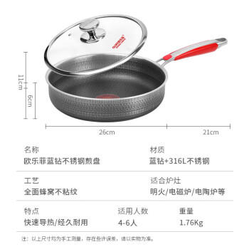 欧乐菲（OLOFE）抗菌平底煎锅316L不锈钢双面蜂窝不粘早餐牛排烙饼烤肉煎蛋锅26cm 商品图2