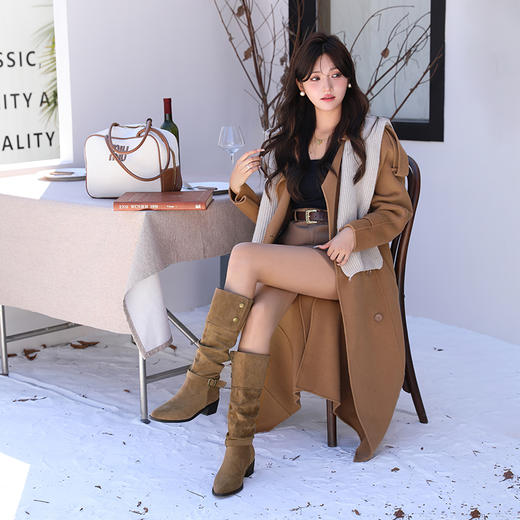 经典鲨2024年冬新款百搭圆头平底潮流时尚显瘦加绒保暖长筒褶皱靴女KW65-D58171 商品图2