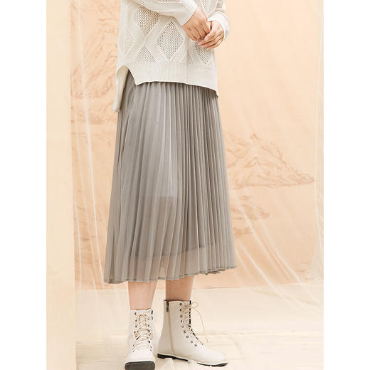 famecoco范可儿高腰半身裙中长款网纱半裙百褶裙子F191HA009 商品图0