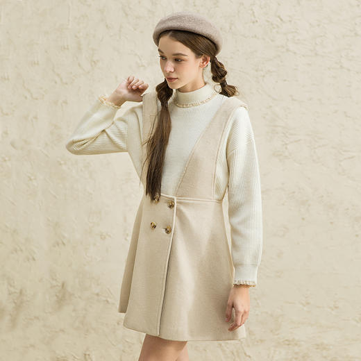 famecoco范可儿女中长款洋气气质吊带毛呢连衣裙F188FA016 商品图1