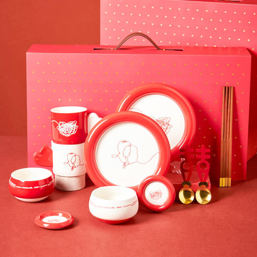 【慢慢相遇礼盒餐具】中国风红色喜庆餐具碗盘套装家用新婚礼物碗碟勺陶瓷盘碗碟礼盒装 商品图0