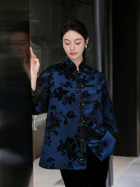 瑕疵|盛唐牡丹 |石青底色真丝漳绒外套[特价品]