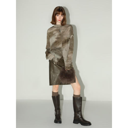 COCOBELLA复古风手工擦色前开叉PU皮裙女秋高腰半身裙PU0015 商品图1