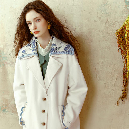 【暖冬内购】两三事梵高文艺清香奶鸢2024冬新款可拆毛织双层领毛呢外套女宽松 商品图3