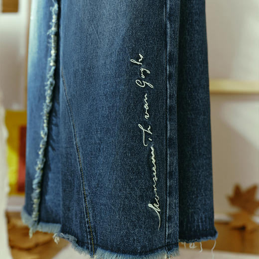 两三事梵高文艺光影之骏2024冬季新款刺绣毛边牛仔高腰半身裙长裙 商品图2