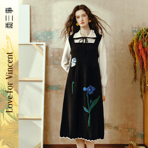 两三事梵高文艺呢喃鸢语2024秋季新款毛巾绣无袖背心裙毛织连衣裙 商品图0
