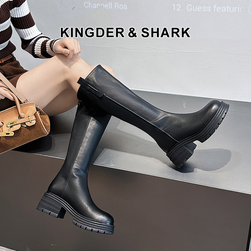 经典鲨2024年冬款百搭圆头中跟后拉链舒适显瘦加绒保暖时装长筒靴女KW279-D58351