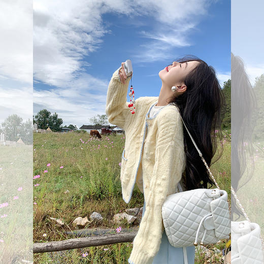 <曾小咸推荐>法式慵懒米杏色系扣圆领毛衣 商品图1