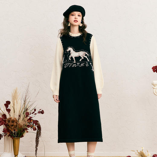 两三事梵高文艺 驭梦云端 2024冬季新款油画图案拼色假两件连衣裙 商品图3