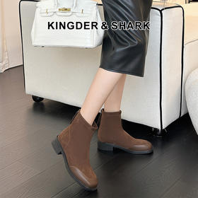 经典鲨2024年冬新款复古方头时尚拼接后拉链加绒保暖短筒靴瘦瘦靴女KW65-D58151