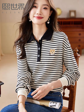 【年终特卖】熙世界POLO领条纹卫衣女套头猫咪刺绣宽松休闲上衣2025秋装新款