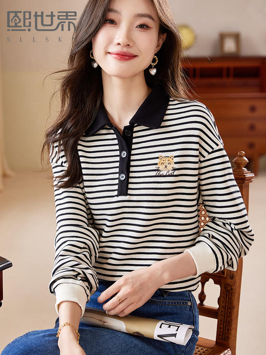 【年终特卖】熙世界POLO领条纹卫衣女套头猫咪刺绣宽松休闲上衣2025秋装新款 商品图0