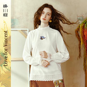 两三事梵高文艺星辰织梦2024冬季新款绣花蕾丝拼接袖口打底t恤女