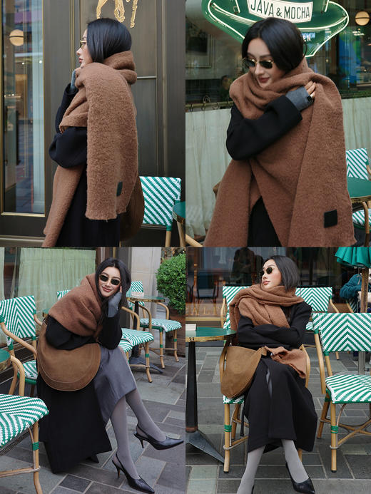 HIDEMI【辛芷蕾同款】进口羊羔绒拉毛做旧感加厚款皮标系列超大围巾披肩 驼色/黑色 商品图3