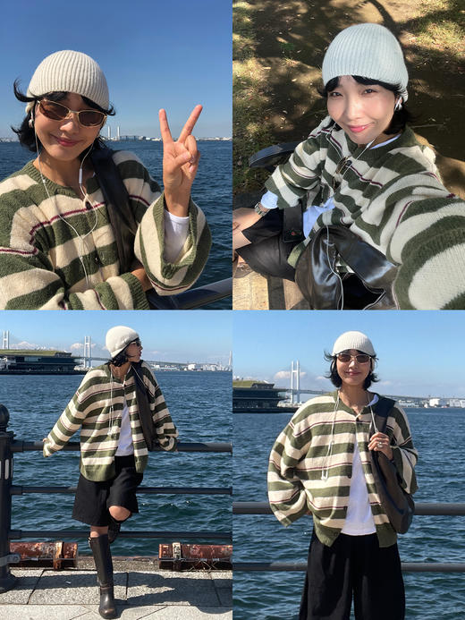HIDEMI 【当当同款】进口羊驼毛混纺多股纱线条纹松弛感大廓形圆领纽扣开衫外套 黑灰条纹/绿紫条纹/棕绿条纹/灰粉条纹 商品图3