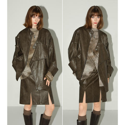 COCOBELLA复古风手工擦色前开叉PU皮裙女秋高腰半身裙PU0015 商品图2