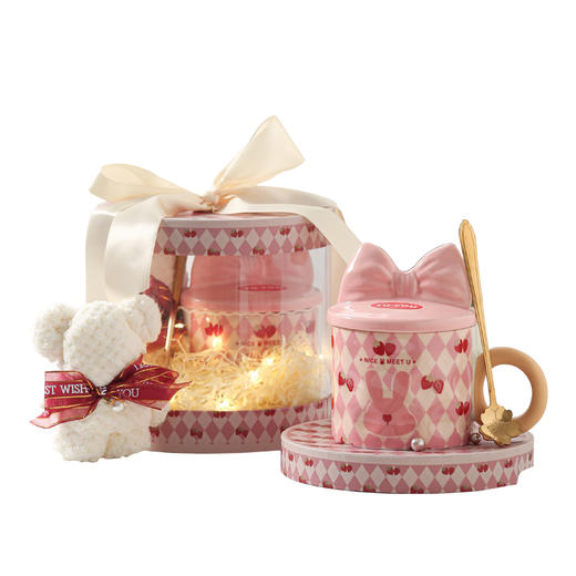 【粉嫩草莓兔创意杯】粉嫩少女心马克杯带盖高颜值家用陶瓷水杯子女生生日礼物礼盒装 商品图6