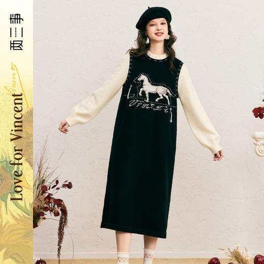 两三事梵高文艺 驭梦云端 2024冬季新款油画图案拼色假两件连衣裙 商品图0