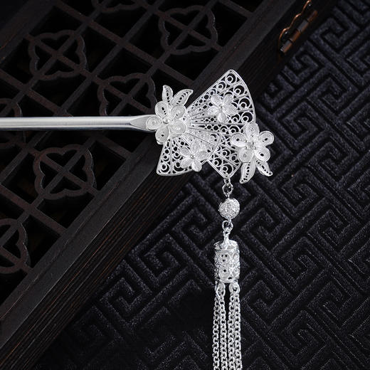 子佩集S990银【醉花问雪】发簪【LFZ000021】纯银扇子扇形流苏花丝2410 商品图1