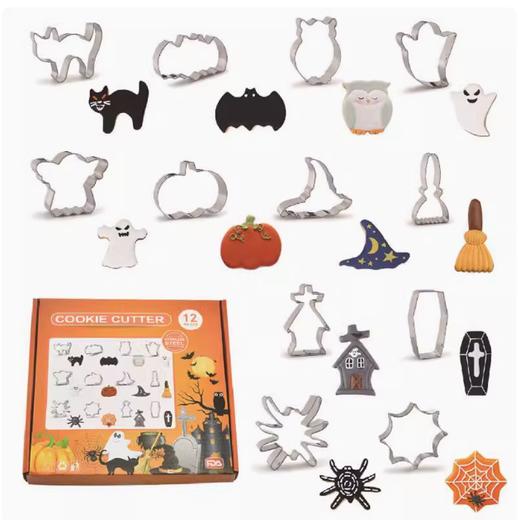 不锈钢万圣节饼干模12件套 南瓜猫头鹰蜘蛛幽灵蝙蝠等形状DIY饼干模具 商品图0