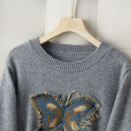 叠穿宽松针织衫潮上衣，蝴蝶图案气质灰色打底衫CC- J919 商品图2