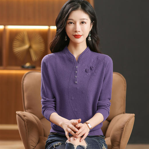 CC38-830 旗袍领毛衣女2025秋冬新款中老年妈妈装打底衫100纯羊毛衫内搭 商品图3