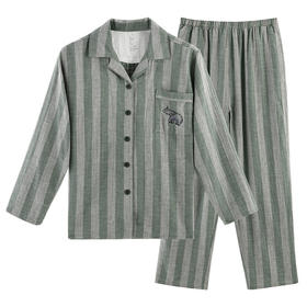 【竖条纹双层纱长袖长裤】日式无印家居服良品双层纱居家服睡衣全棉男款女款舒适竖条纹套装