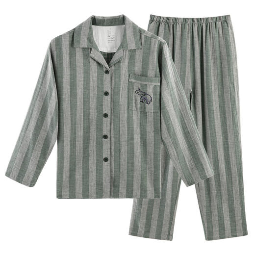 【竖条纹双层纱长袖长裤】日式无印家居服良品双层纱居家服睡衣全棉男款女款舒适竖条纹套装 商品图0