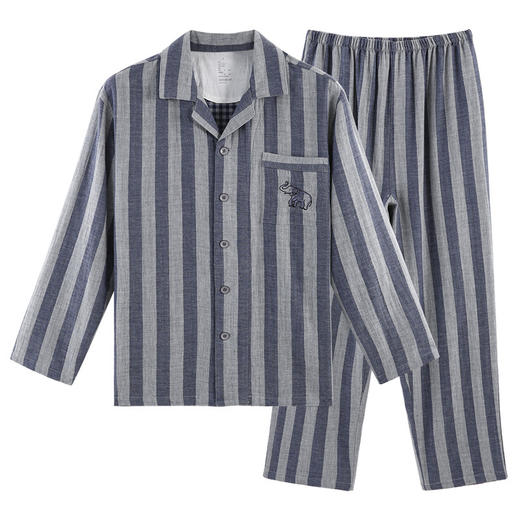【竖条纹双层纱长袖长裤】日式无印家居服良品双层纱居家服睡衣全棉男款女款舒适竖条纹套装 商品图4