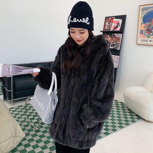 YF2105 2024新款皮草年轻款水貂毛天鹅绒貂皮大衣女拼貂中长款连帽外套女 商品图3