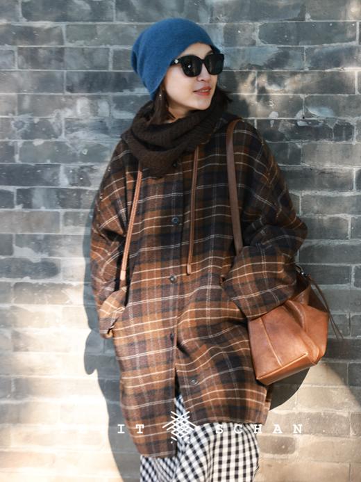 PETIT SCHAN小闪 CLO#617 in a leisurely manner 慢条斯理 羊毛羊驼毛复古格纹双面呢连帽大衣 商品图3