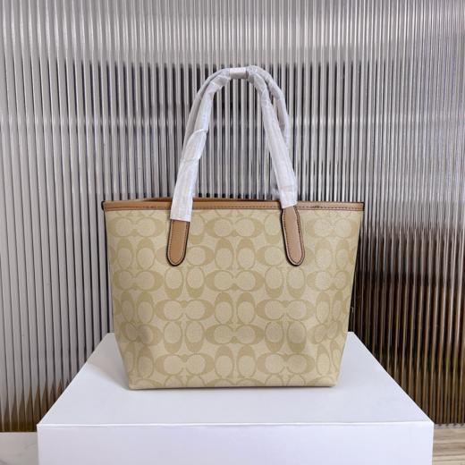 COACH蔻驰 City 23 金标Logo经典老花按扣 帆布 托特包Tote包购物袋单肩包 中号 女款 浅卡其色拼浅马鞍色（CB） 商品图1