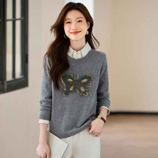 叠穿宽松针织衫潮上衣，蝴蝶图案气质灰色打底衫CC- J919 商品图1
