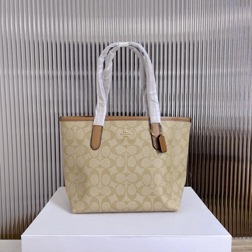 COACH蔻驰 City 23 金标Logo经典老花按扣 帆布 托特包Tote包购物袋单肩包 中号 女款 浅卡其色拼浅马鞍色（CB） 商品图0